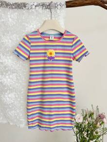SHEIN Young Girl Knitted Striped Round Neck 3D Floral Casual Dress - Multicolor - View 5