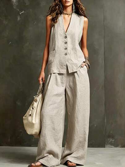 SHEIN Holidaya Women's Summer Vacation Casual Comfortable Minimalist Linen 2 Pieces Set