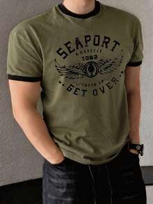DAZY Kaos Pria Musim Panas dengan Kerah Warna Kontras, Leher Bulat, dan Cetakan Huruf, Potongan Slim Fit. - Grey - View 5