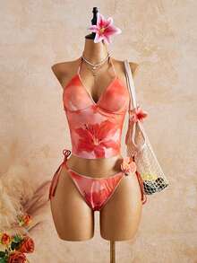 Swim Glamine 两件套甜美花卉印花黄色格子比基尼套装，休闲春夏海滩派对度假 - 彩色 - 查看 3