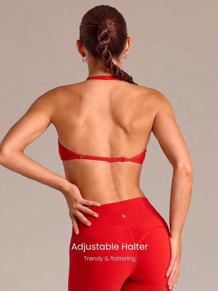 FeatherFit™ Adjustable Halter Neck Backless Ruched Front Sports Bra With Removable Anti-Slip Cups Yoga Studio Pilates Daily Wear