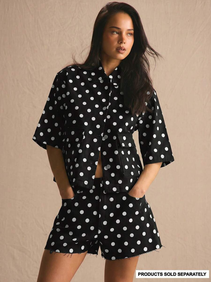 MUSERA 波点牛仔超大款套装上衣，春夏舒适可爱日常少女风度假阳光社交装 - 黑色 - 查看 1