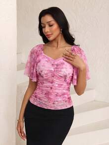 Modelyn Áo thun màu hồng in họa tiết lưới, thiết kế nhún bèo, thời trang, thanh lịch, thích hợp cho hẹn hò và đi chơi. - Hồng - Xem 4
