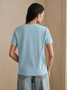 Anewsta Áo thun nữ dáng rộng cổ tròn thêu hoa đính cườm thanh lịch, thích hợp cho mùa hè. - Màu xanh lam - Xem 2