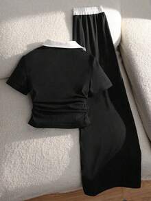 Teen Girl Contrast Collar T-Shirt And Pants Set - Black - View 2