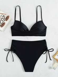 SHEIN Swim Summer Beach Ruched Push Up High Waisted Bikini - Black - View 1