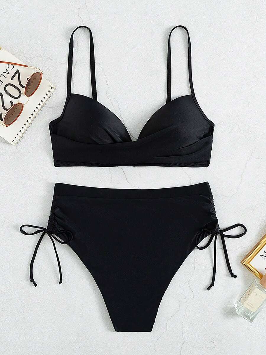 SHEIN Swim Summer Beach Ruched Push Up High Waisted Bikini - Black - View 1