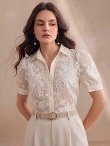 Anewsta New Summer Floral Embroidery & Beaded Decoration Symmetric Blouse For Women - Beige - View 6