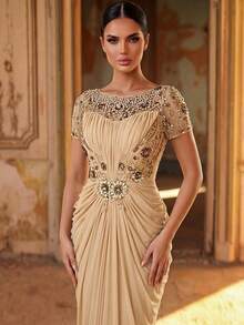 Serin Elegant Champagne Gold Winter Maxi Dress,Luxurious Beaded Lace Applique Mesh Ruched Sleeve Formal Gowns For Wedding,Dinner,Evening,Mother Of The Bride - Apricot - View 1