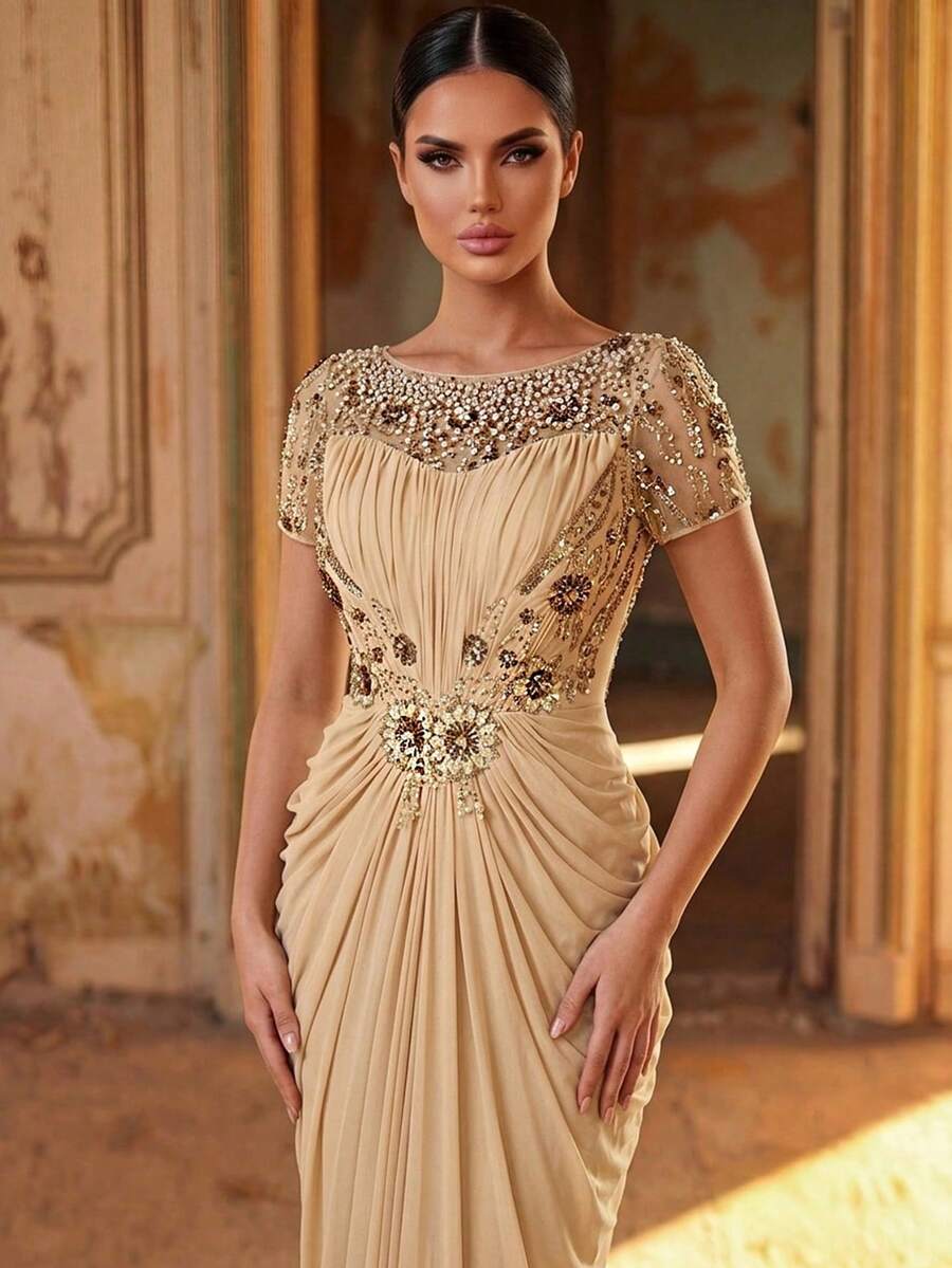 Serin Elegant Champagne Gold Winter Maxi Dress,Luxurious Beaded Lace Applique Mesh Ruched Sleeve Formal Gowns For Wedding,Dinner,Evening,Mother Of The Bride - Apricot - View 1