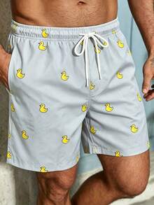 Genlund Men's Yellow Duck Print Beach Shorts, Holiday - Light Grey - View 3