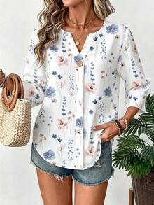 EMERY ROSE Plus Size Floral Print Button-Up Shirt, Suitable For Vacation And Everyday Wear Vacation White Autumn Smart Casual - Multicolor - View 5
