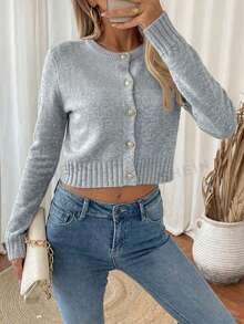 SHEIN LUNE كارديجان نسائي كاجوال خفيف الوزن، لون أحادي، بسيط، متعدد الاستخدامات للارتداء اليومي، للربيع/الخريف - رمادي - مشاهدة 4