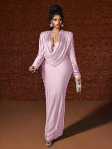 Maweii Plus Size Deep V-Neck Ruched Party Dress Fall - Mauve Purple - View 4