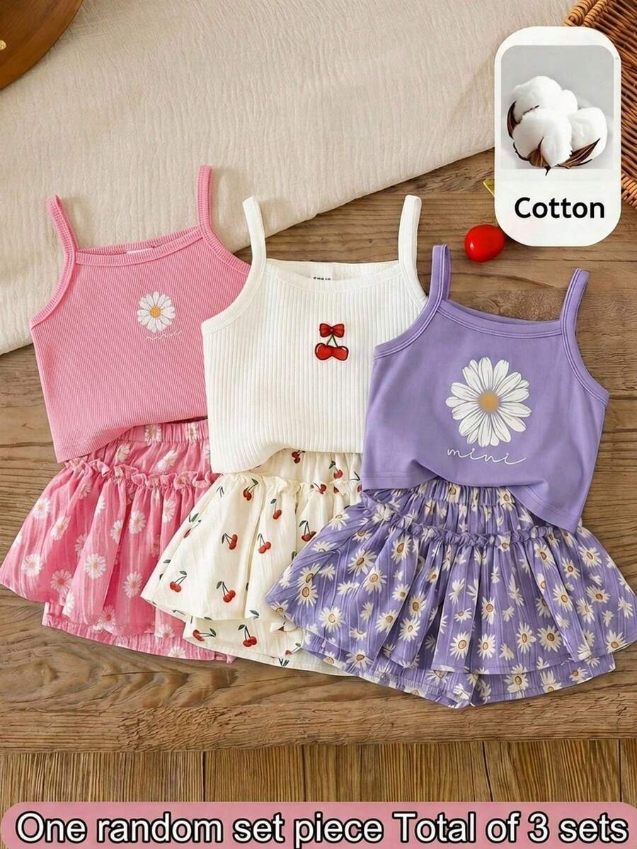 SHEIN LMoss Kids 女宝宝夏季柔软可爱雏菊印花宽松套装,适合度假、日常休闲穿着、拍照、露营、购物、旅行等多种场合。 - 粉色 - 查看 1