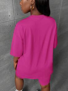 Slaydiva Women's Solid Color Round Neck Simple T-Shirt And Casual Skinny Shorts Set, Suitable For Home And Office - Hot Pink - View 2