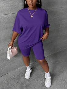 Slaydiva Women's Solid Color Round Neck Simple T-Shirt And Casual Skinny Shorts Set, Suitable For Home And Office,Summer Outfits For Women - Violet Purple - View 5