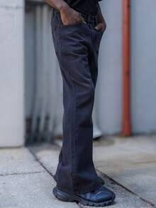 BelSigned BelSigned Men's Fashionable Casual Washed Side Pockets Loose Flared Jeans, Grunge - Black - View 5