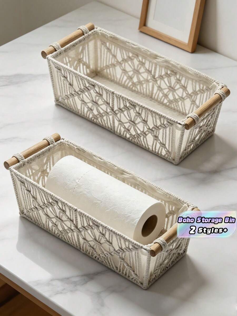 1 pezzo Scatola di stoccaggio intrecciata a mano in stile boho, adatta per casa, bagno, camera da letto, soggiorno - Cesto di stoccaggio decorativo - Multicolore - Visualizzare 1