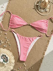 Swim Mod 2件套女士夏季沙滩波点随机印花吊带背心（后背系带）和比基尼泳裤套装 - 彩色 - 查看 3