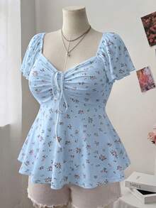 Sweetra Plus Size Women's Square Neck Drawstring Cap Sleeve Ruffle Sleeve Ditsy Floral Casual Cute Elegant Vacation A-Line T-Shirt, Spring/Summer - Blue - View 4