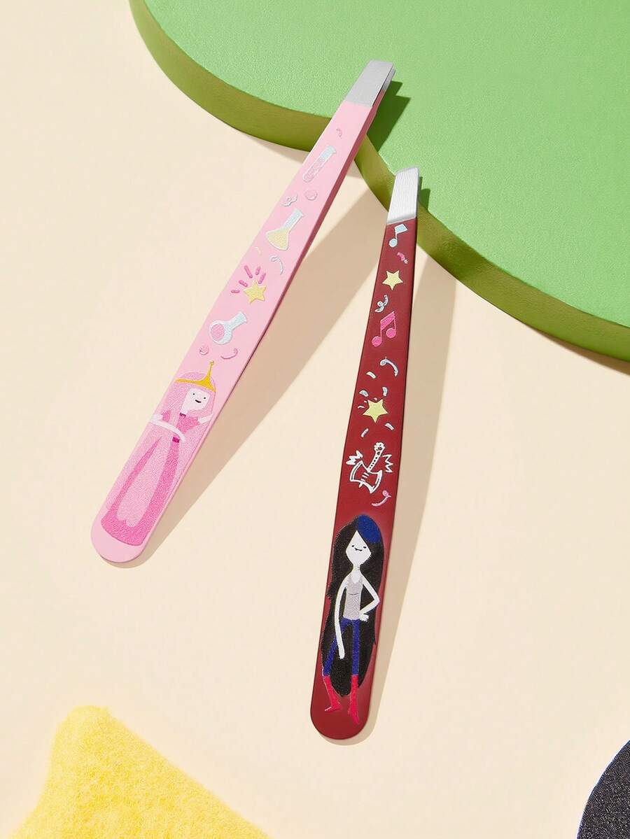 ADVENTURE TIME X SHEIN 两件套多功能高精度不锈钢眉镊,可爱实用的化妆美容工具套装,居家必备,斜口尖头和尖鼻夹,包含睫毛镊和脱毛镊,可用于去除面部毛发、内生毛发和碎片,也可作为假睫毛嫁接工具,冒险必备。 - 彩色 - 查看 1