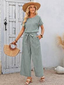 EMERY ROSE Women's Vacation Casual Striped Top & Tie-Waist Pants 2 Pieces Set,Summer Outfits For Women - Green - View 8