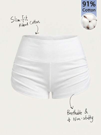 Tseoso Quần short nữ dệt kim gân 91% cotton, màu trắng, thích hợp mặc ở nhà và chơi thể thao mùa hè.