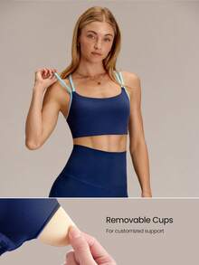 GLOWMODE Áo ngực thể thao FeatherFit™ thoáng khí, nhẹ, thấm hút mồ hôi, dây đeo chéo lưng tương phản, có mút đệm chống trượt có thể tháo rời, thích hợp cho yoga, pilates và mặc hàng ngày. - Dark Blue - Xem 2