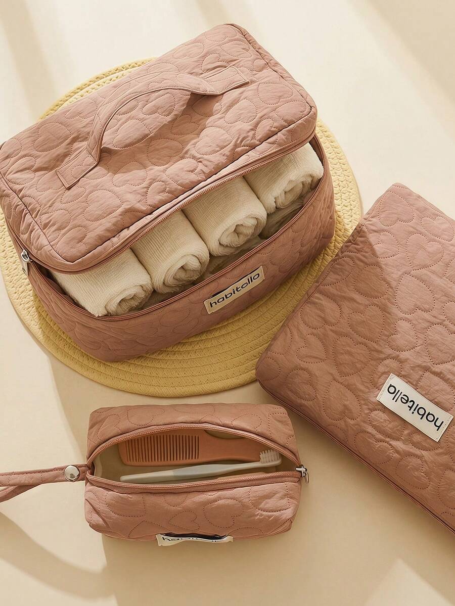 1/2/3 Buah Tas Kosmetik Kain Oxford Baru, Kapasitas Besar, Tas Penyimpanan dan Perlengkapan Mandi Portabel dan Praktis untuk Perjalanan, Tas Tangan dengan Motif Hati untuk Penyimpanan Kosmetik - Dusty Pink - View 1