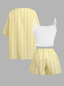 SHEIN Bộ đồ hè thường ngày 3 món cho bé gái tuổi teen - Áo sơ mi kẻ sọc vàng, áo khoác len và quần short. - Màu vàng - Xem 2