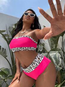 Swim Vcay 2025 Plus Size Leopard Print Patchwork Bandeau Bikini Summer - Hot Pink - View 3