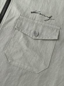 PAVTROS Men's Versatile Zip-Front Letter Print Pocket Shirt - Gray green - View 5