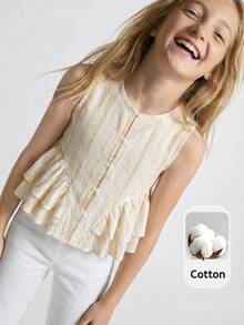 Maija Kids Maija Kids 1件少女休闲优雅短款宽松百搭双层荷叶边吊带背心，适合休闲外出、聚会、度假、派对、春夏穿着，杏色 - 杏色 - 查看 1