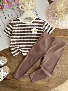 SHEIN LMoss Kids 2件套女婴针织条纹宽松休闲T恤和纯色针织裤套装 - 棕色 - 查看 9
