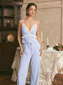 Côtesoire Conjunto de Camisola e Calça de Pijama Romântico Elegante de Renda Francesa com Retalhos, Adequado para Casa e Casamento - Azul - Visão 5