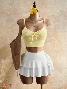 Glamine 女士黄白条纹针织提花吊带背心，V领抽绳修身短款背心，夏季休闲通勤装 - 彩色 - 查看 3