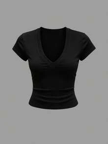 Airaco Women's Solid Color V-Neck Fitted Casual Short Sleeve T-Shirt, Summer - Multicolor - View 4