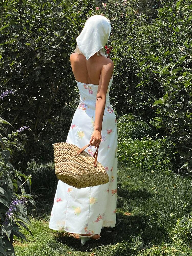 Ditsy Floral Halter A-Line Dress, Elegant Bohemian Summer Holiday Dress For Women