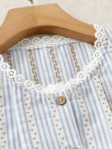 Flirla Plus Size Plaid Embroidered Contrast Ruffle Puff Sleeve Shirt - Blue - View 3