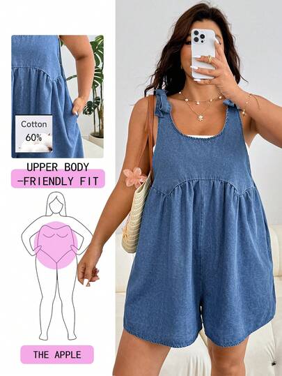 Solflare Avslappnad denimjumpsuit med rosettdekor på axlarna, U-ringning, Fickor, Kort längd, Lös passform, Ljusblå i vintage-stil, Plusstorlek, Lämplig för utomhusbruk, Dagligen, Fest, Pendling, Musikfestival, Thanksgiving, Lärarnas dag, Tillbaka till skolan, Examen, Strand, Huvudgata, Stadspromenad, Klädsel för flera tillfällen, Kan bäras ensam eller i lager