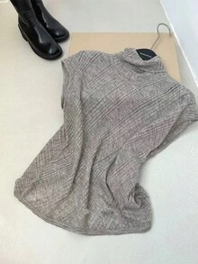 SHEIN Frenchy 女士纯色罗纹立领优雅毛衣背心 - 棕色 - 查看 11