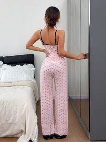 SHEIN 女士浅粉色蕾丝边波点印花柔软凉爽丝滑罗纹面料吊带背心和长裤睡衣套装，浪漫性感家居服 - 淺粉色 - 查看 3