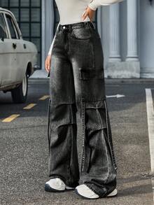 SHEIN Tall 女士纯色休闲宽松阔腿工装牛仔裤 - 黑色 - 查看 4