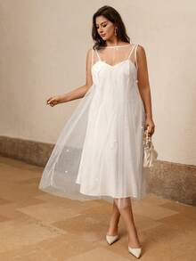 Juhart Vestido longo branco sem mangas, elegante, de verão, com detalhes em pérolas, em tecido plano e modelagem regular, ideal para mulheres plus size. - Branco - Ver 3