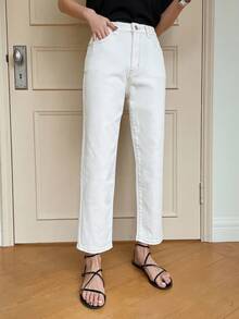 DAZY Solid Straight Leg Cropped Jeans - Beige - View 9