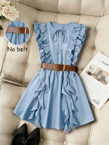 Pariaura Vintage Brown Ruffled Hem Full Design Dress/Waist Cinching Slim Mini Dress/Elegant & Sweet - Baby Blue - View 4