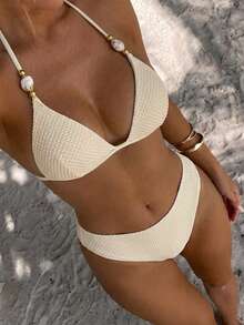 Swim Vcay Women Solid Color Spaghetti Strap Faux Pearl Decor Tie Back Triangle Bikini Two Pieces Swimwear - Apricot - View 2