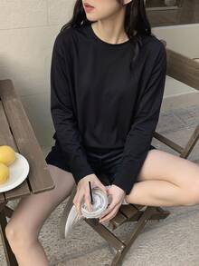 DAZY 纯色圆领宽松长袖短袖女式T恤 - 黑色 - 查看 6