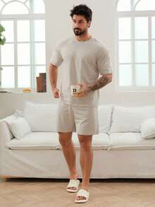 DAZY Men's Solid Color T-Shirt And Loungewear Set, Summer - Apricot - View 3